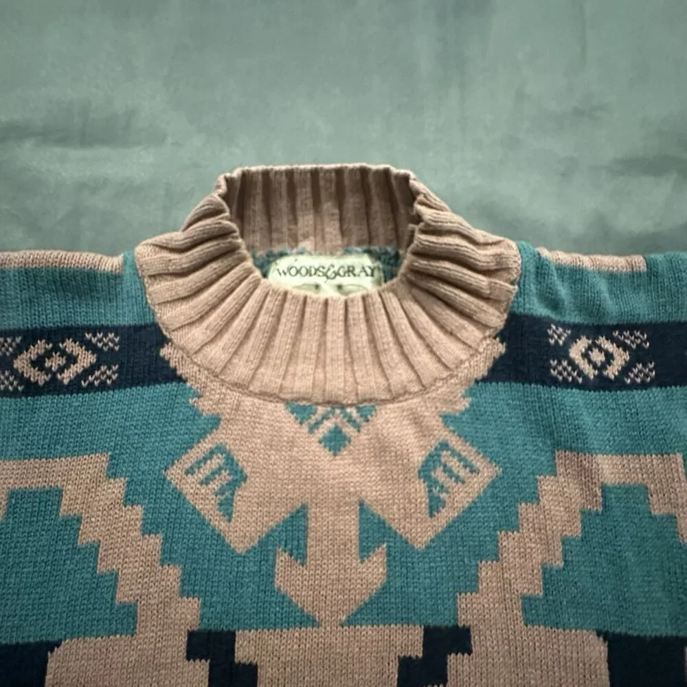 Vintage 80s Woods Gray Sweater Womens S Aztec Geometric Mock Neck Ramie Pullover